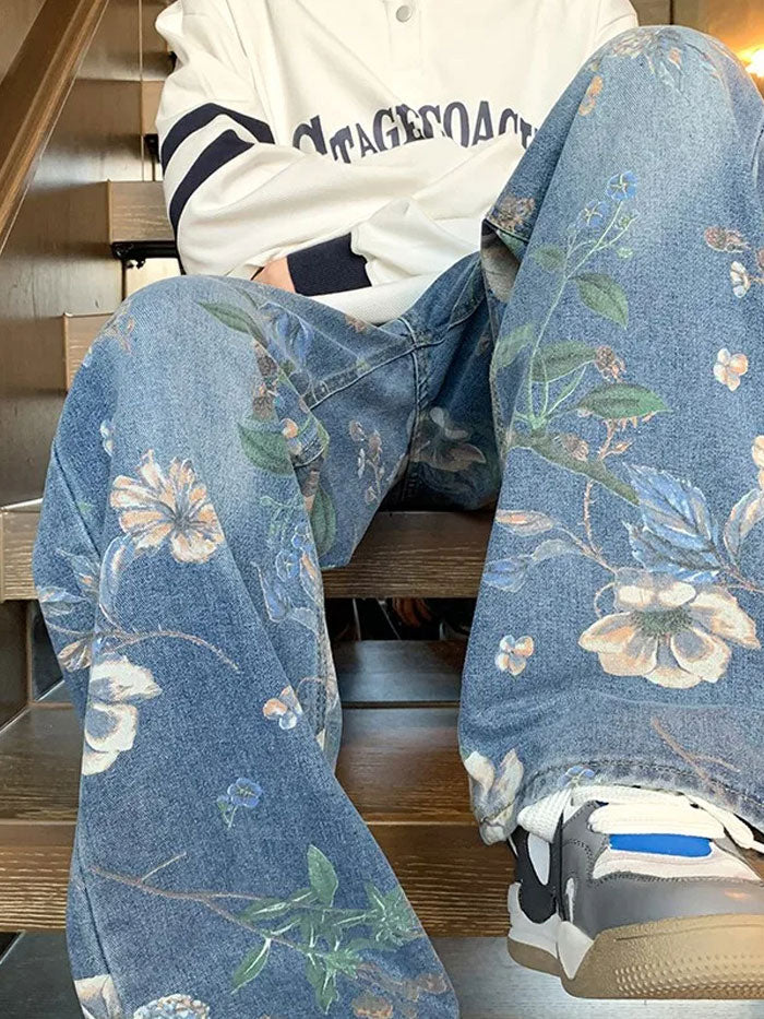 Full frontal view of aesthetic flower-printed jeans