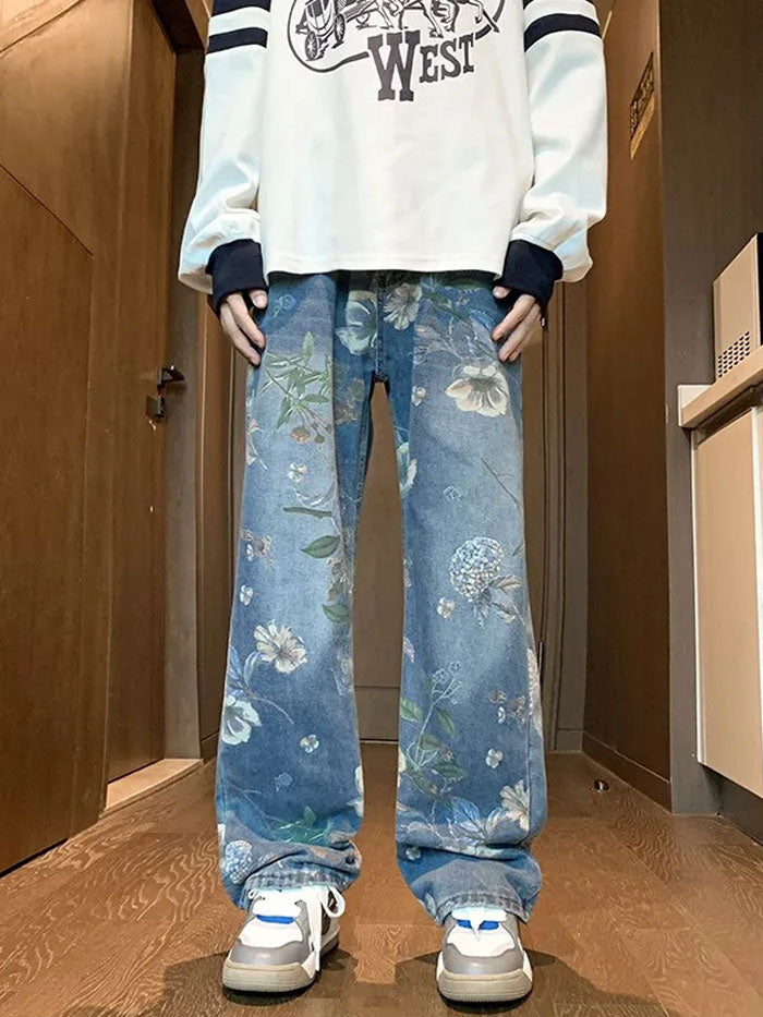 Front view of vintage loose-fit floral jeans on stairs