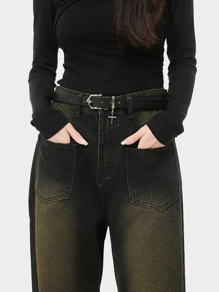 Side-by-side comparison of light-wash and black wide-leg jeans worn by models in black tops and platform shoes.