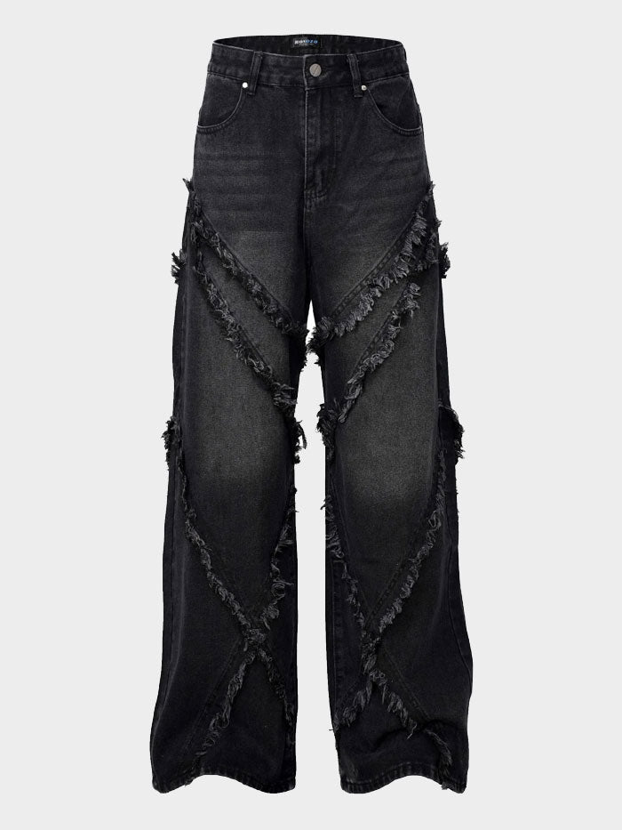 Black wide leg jeans with frayed X-pattern patchwork on front