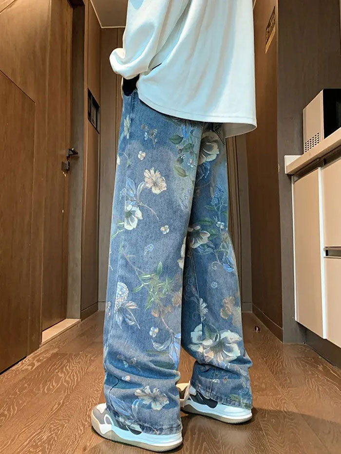 Side view of baggy denim jeans with flower pattern