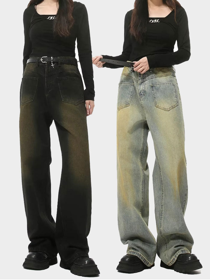 Side-by-side comparison of light-wash and black wide-leg jeans worn by models in black tops and platform shoes.
