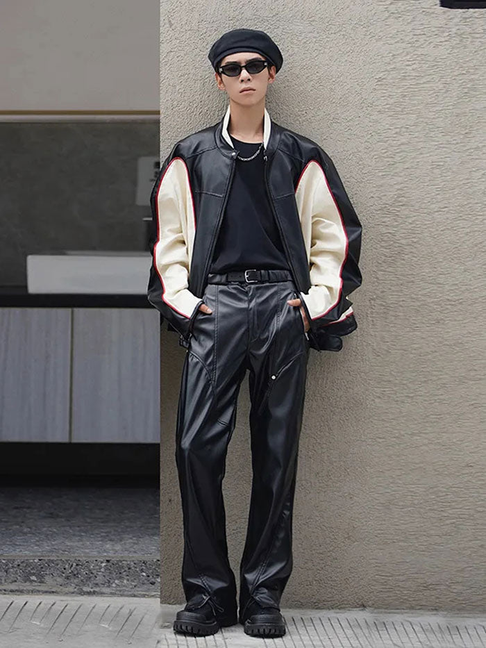 Full outfit with black faux leather pants and layered jacket