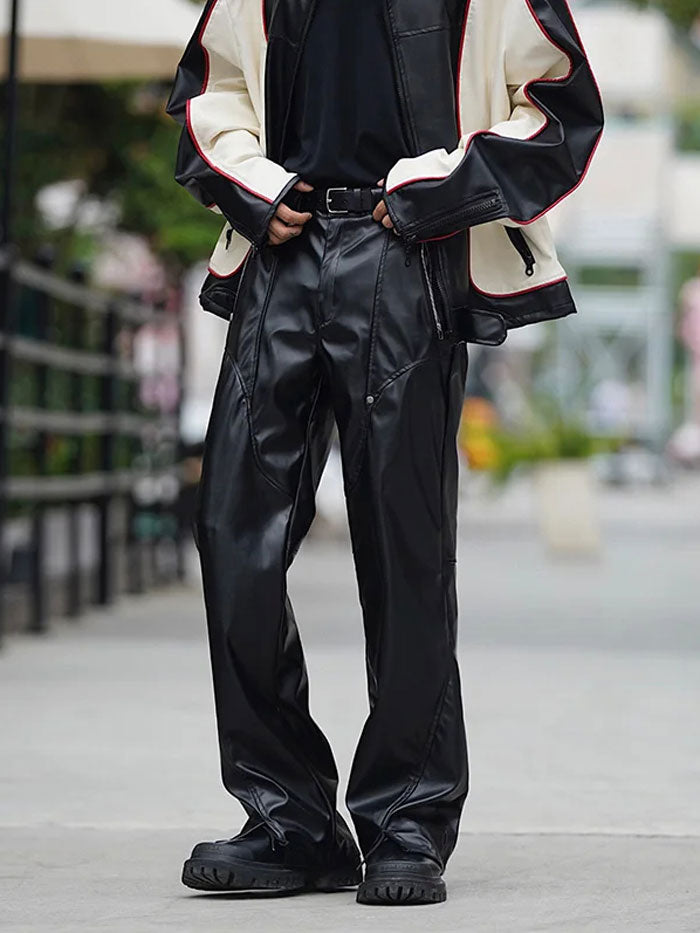 Street-style black faux leather pants with red-trimmed jacket