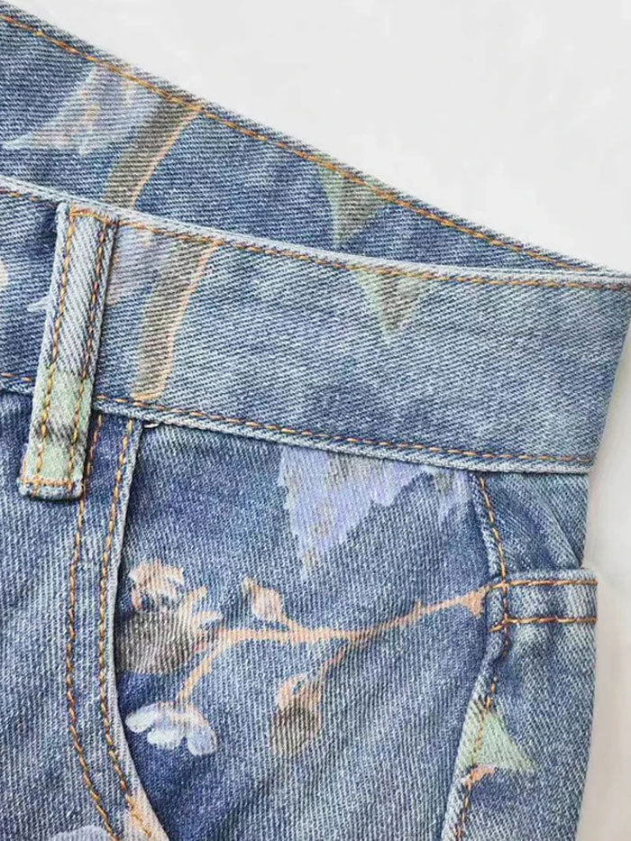 Side view of model in floral denim jeans, showing full-body fit and straight-leg cut.