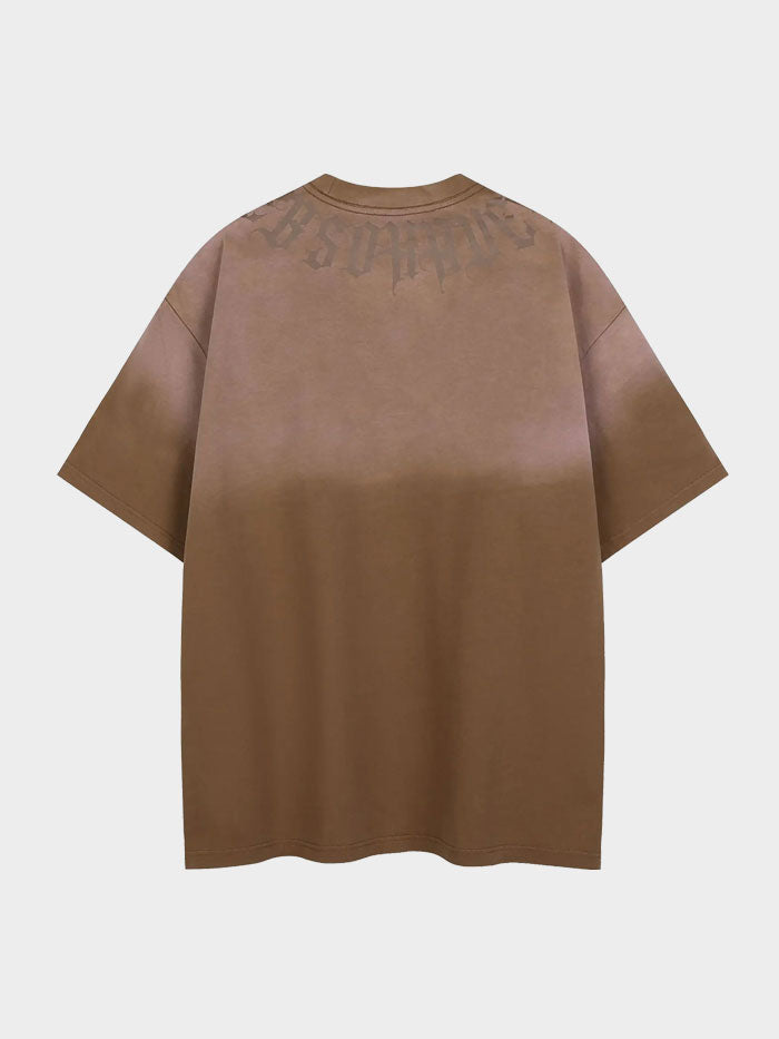 Brown Back oversized streetwear t-shirt with gothic neck print and ombré fade design