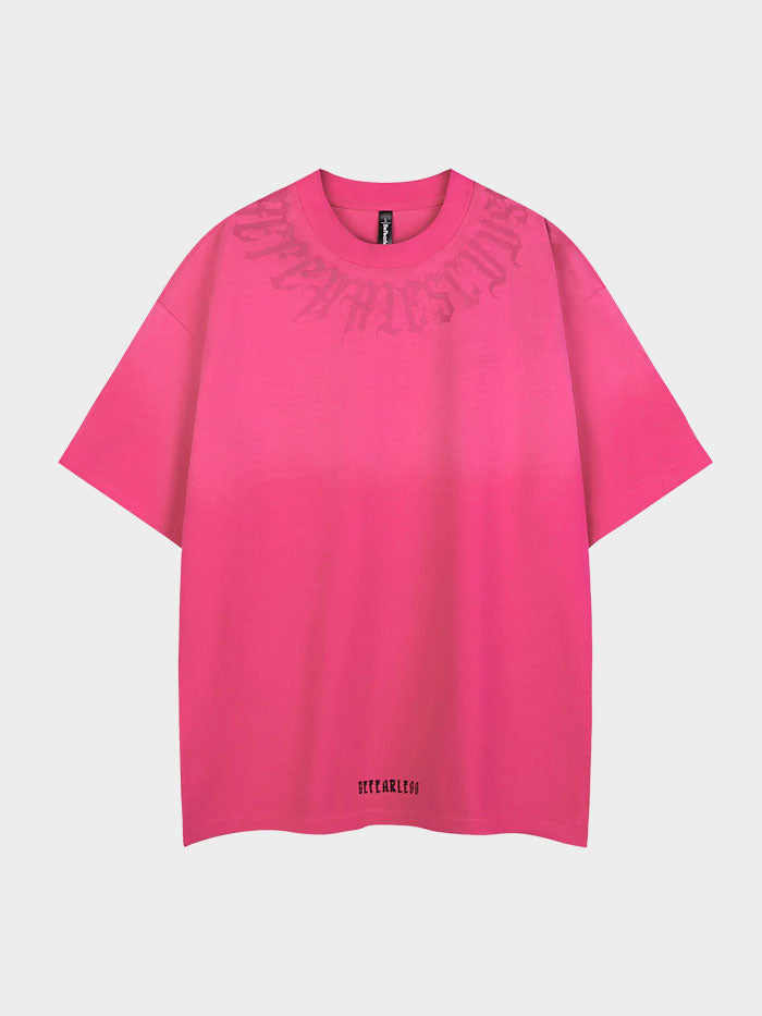 Bright pink ombré oversized t-shirt with bold gothic neck print and streetwear branding