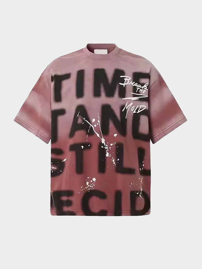 Green streetwear T-shirt front with graffiti-style text and paint splatter graphics