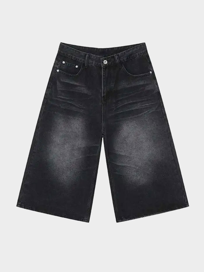 Black wide-leg denim shorts with washed finish, front view