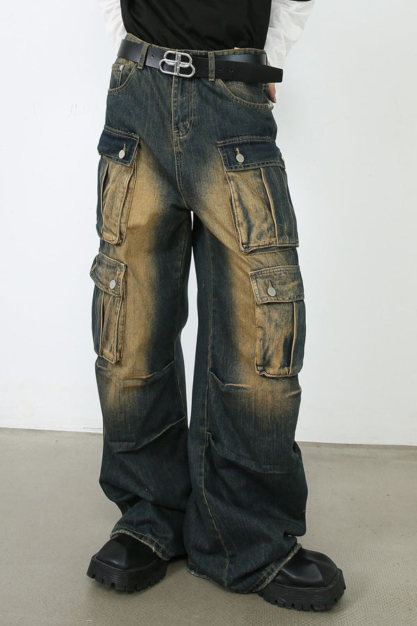Front view of Looseywear dark washed wide-leg cargo jeans with oversized pockets and vintage fade.
