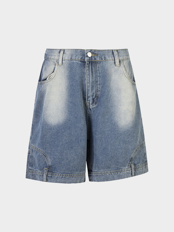 Front view of faded light-wash denim shorts with a button closure.