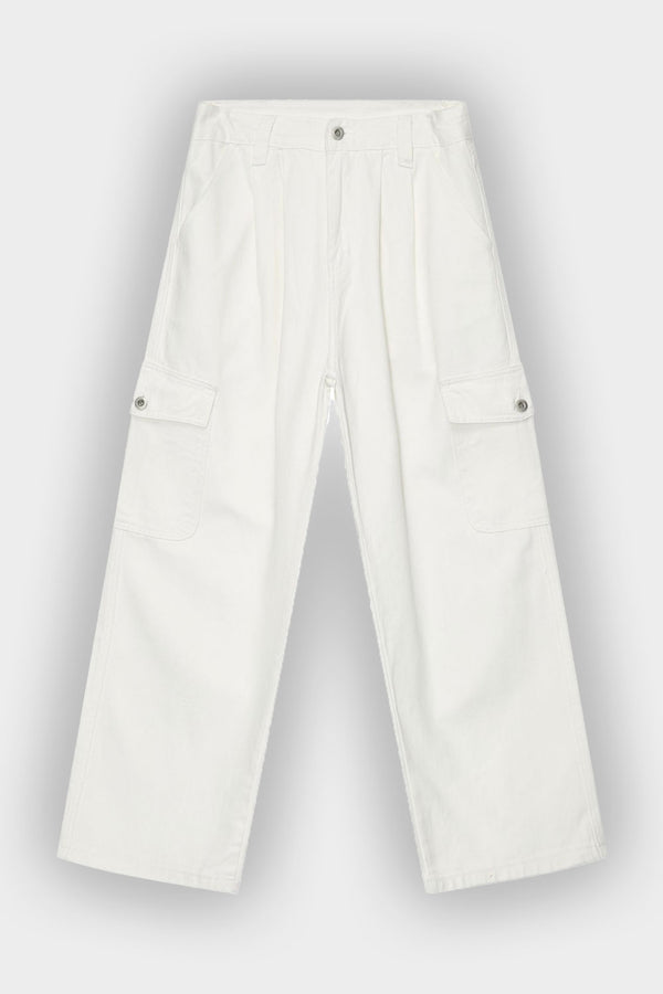Flat lay of Looseywear white wide-leg cargo jeans showing all pockets