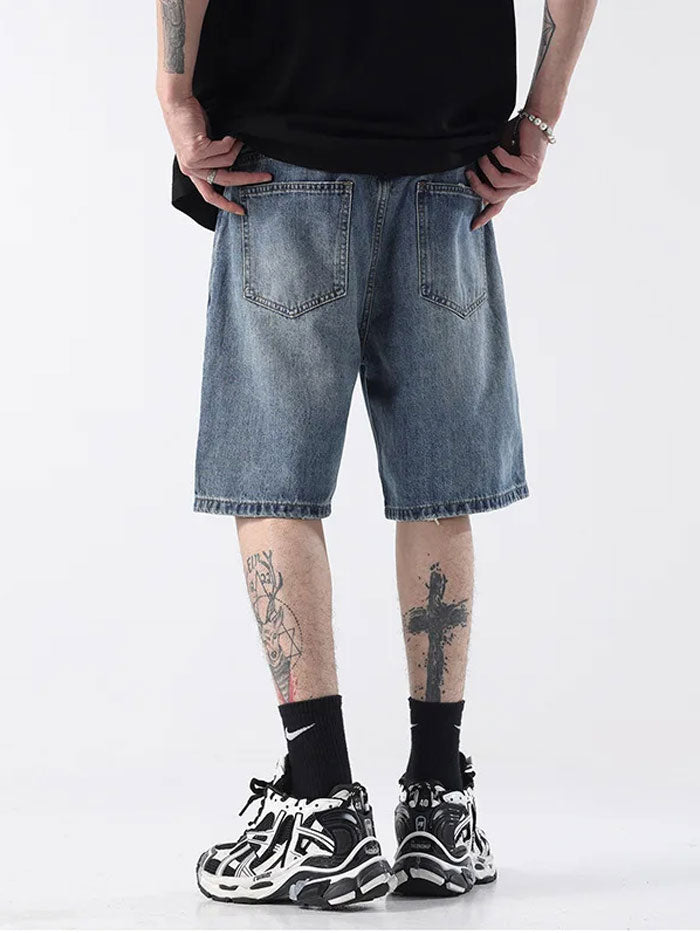 Back view of loose Bermuda denim shorts with two large back pockets