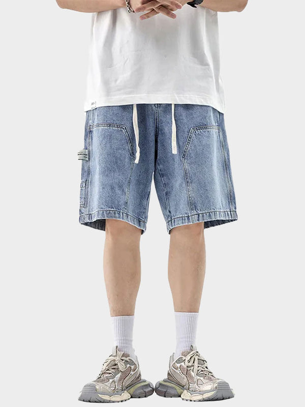 Front view of men's vintage washed denim shorts with relaxed fit.