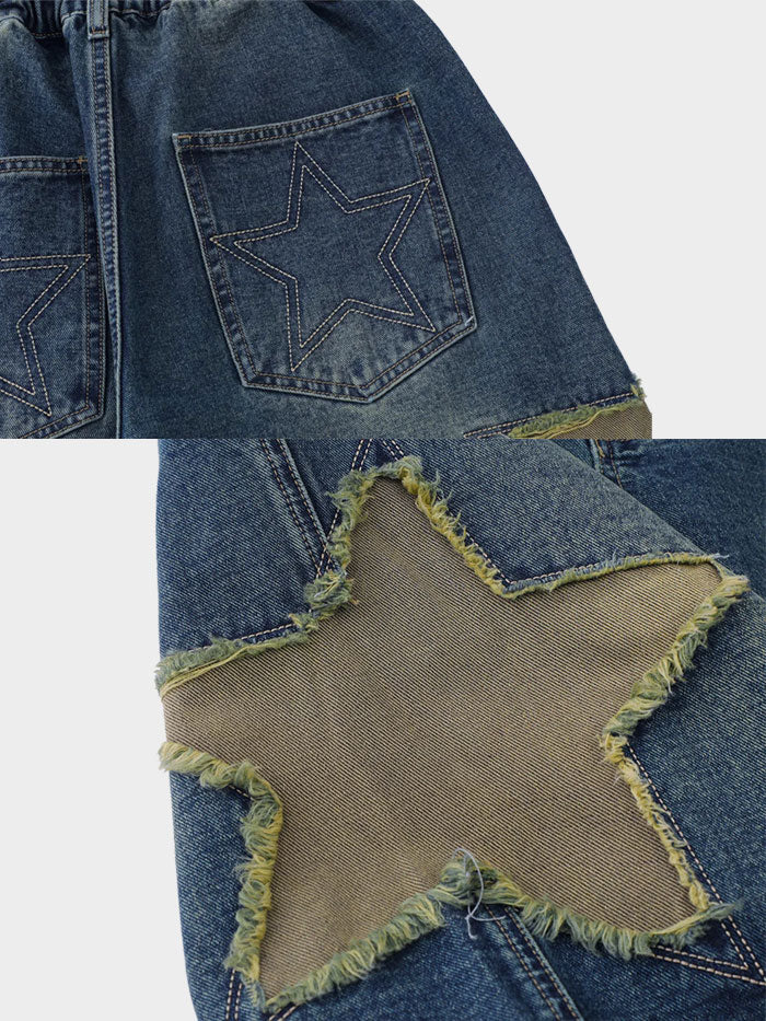 Flat lay of denim shorts with back view showing star patch detailing and elastic waistband