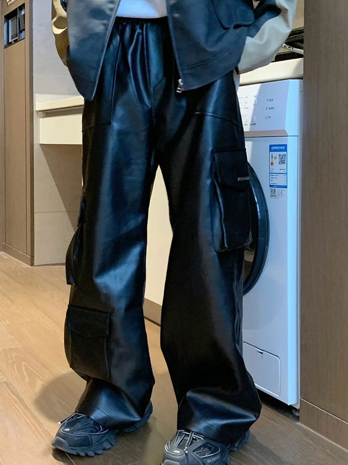 Elastic waistband faux leather cargo pants for casual urban style.
