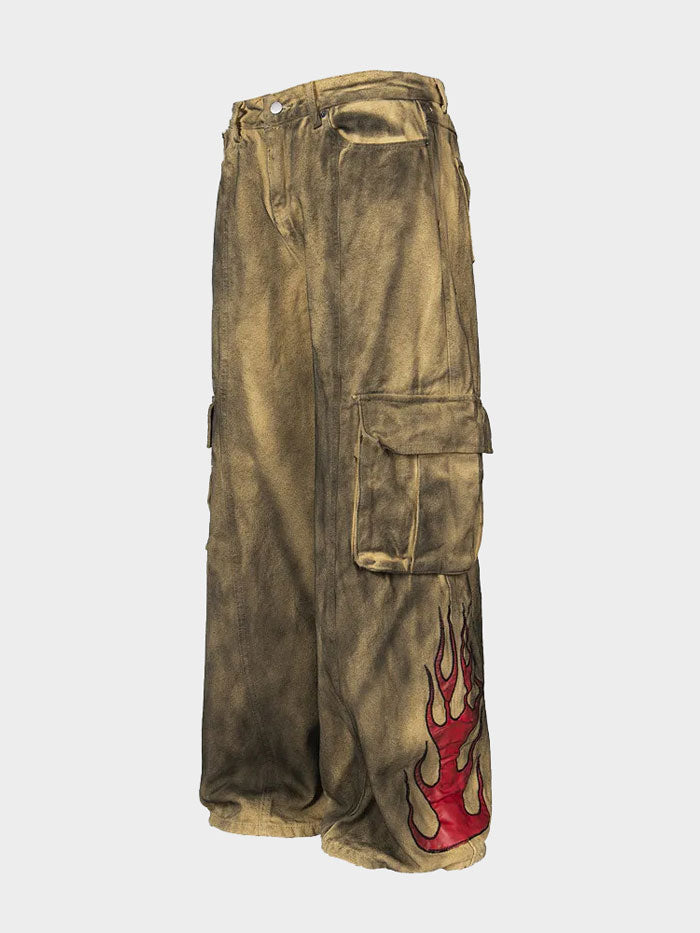 Side view of urban vintage cargo pants featuring red flame print.