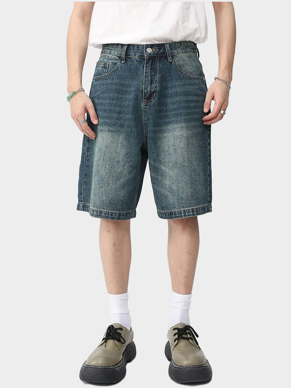  Front view of vintage-washed blue denim shorts with relaxed fit and faded effect.