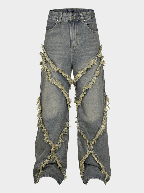 Wide leg denim jeans with X-shaped distressed fringe patchwork on front