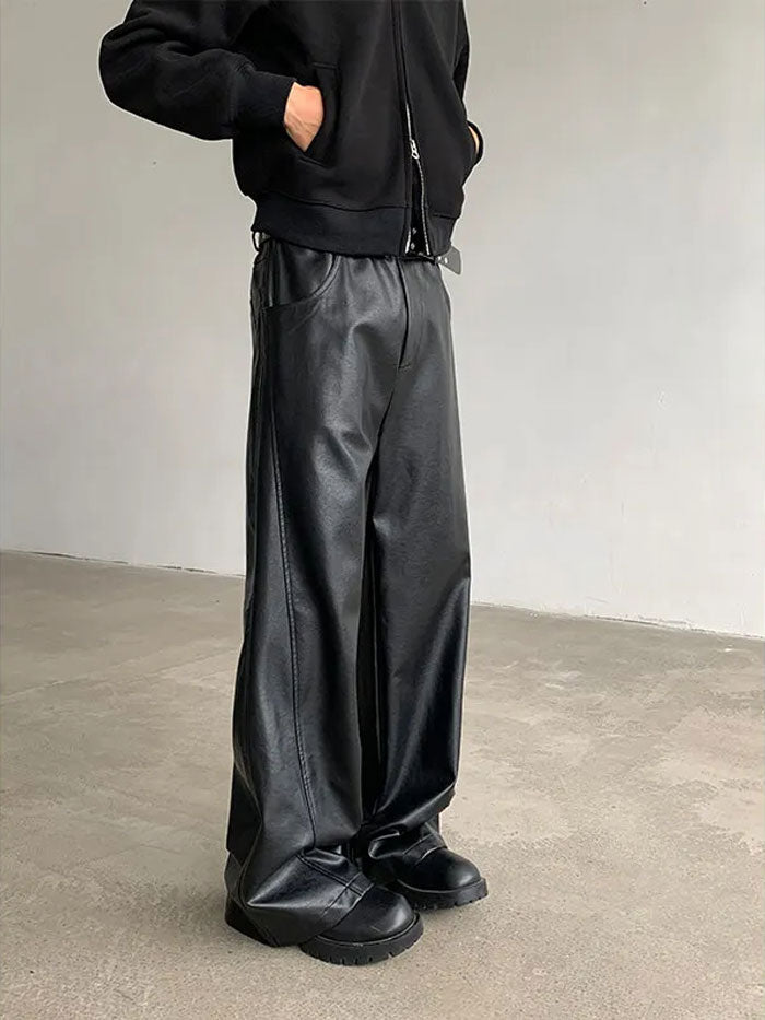 Black leather cargo pants with utility-style side pockets.