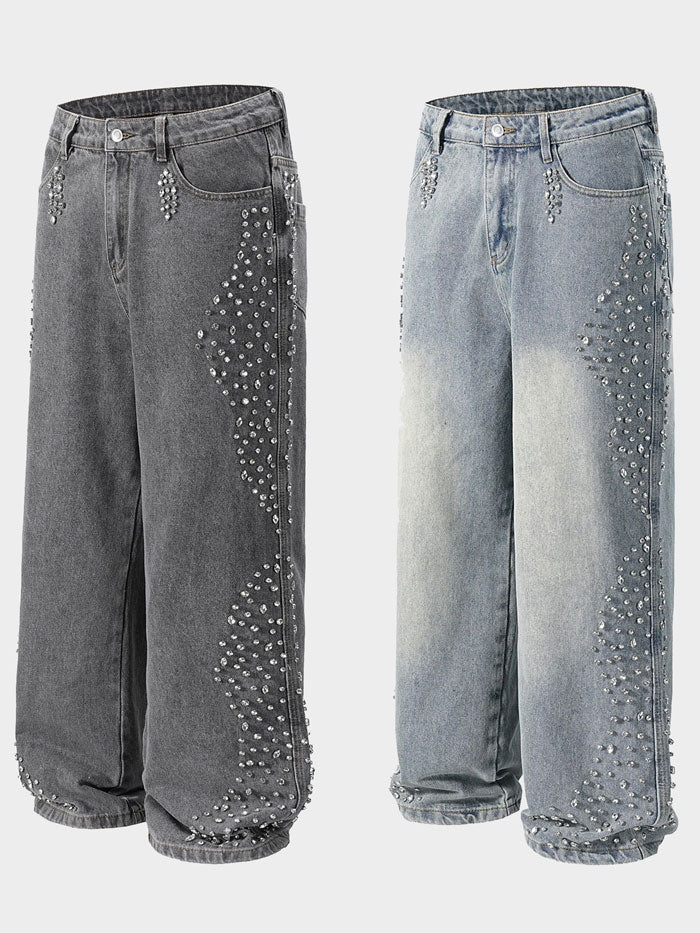 Side-by-side front view of light and dark wash pearl-studded wide-leg jeans for women.