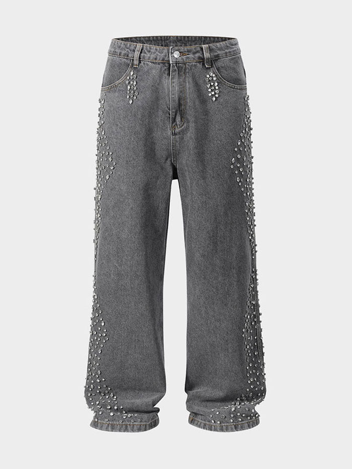 Rear view of dark gray wide-leg jeans with decorative pearl detailing on the sides.