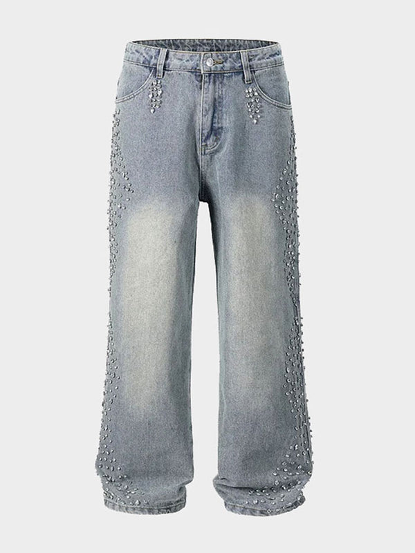 Front view of light wash wide-leg jeans with pearl embellishments for women.